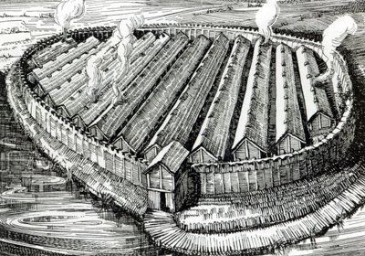 Reconstructie van een ijzertijdperk dorp in Biskupin, Polen door English School